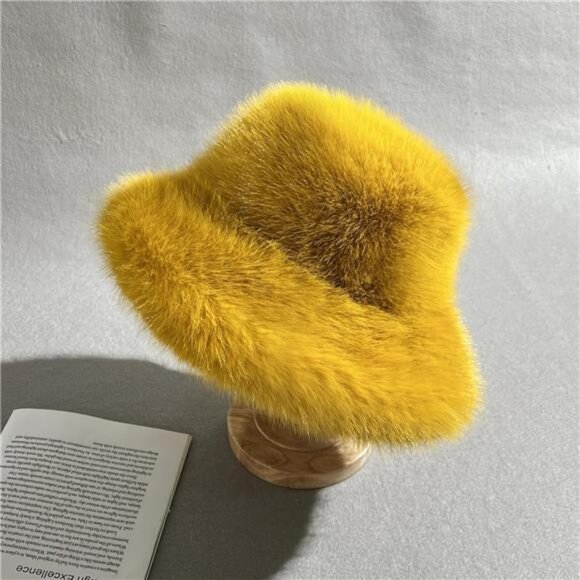 Luxury Faux Fur Bucket Hat for Women Yellow - Picture 3 of 7